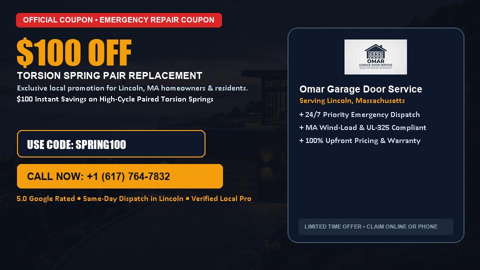 $100 OFF Dual High-Cycle Torsion Spring Replacement in Lincoln, MA - Omar Garage Door Service